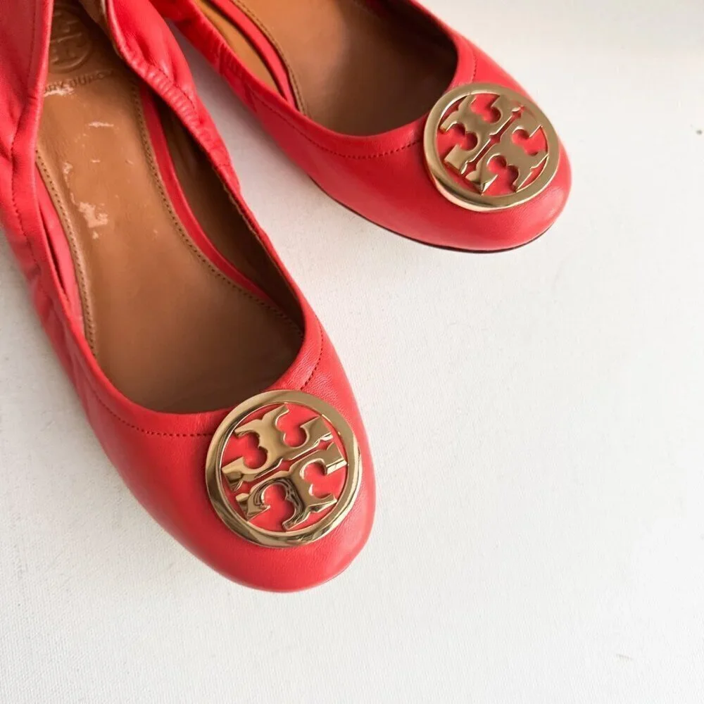 Tory Burch Leather Coral Orange Scrunch Back Low Black Heel Flats 6.5